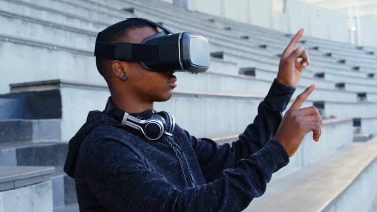 Atleta disabile che usa un visore di realtà virtuale 4k