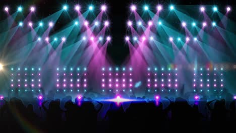 animación digital de un punto de luz sobre la silueta de personas bailando contra luces brillantes
