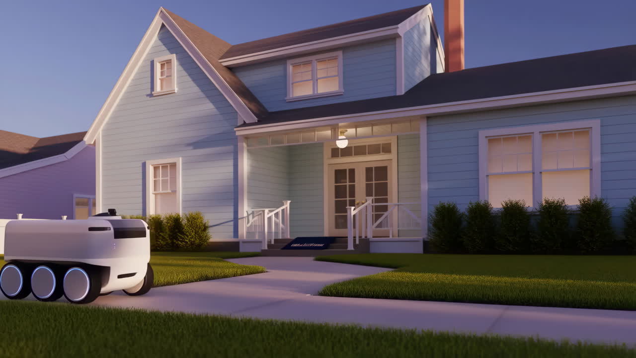 Autonomous Delivery Robot Approaches a Suburban House