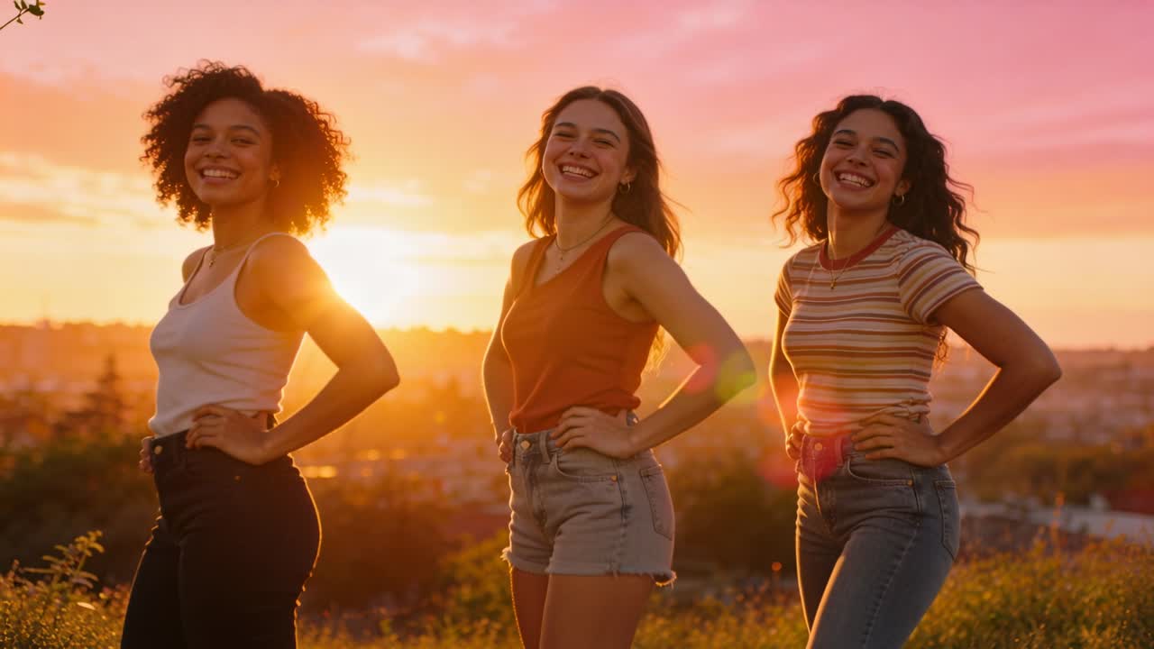 Video verticale: Tre donne sorridono in posa con le mani sui fianchi per una foto di gruppo, illuminate dal controluce del tramonto.