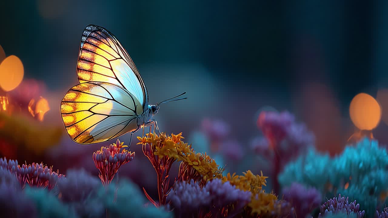 A Stunning Butterfly Delicately Perched on Vibrant Blooms, Bathed in a Magical Glow of Light, Showcasing Nature's Beauty and Intricate Details in a Colorful Floral Landscape