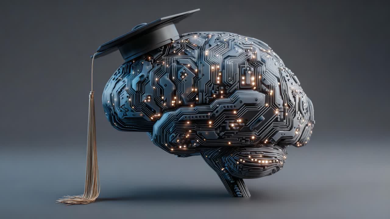 A Futuristic Brain Model Depicting Advanced Technology and Knowledge, Adorned with a Graduation Cap Signifying the Union of Intelligence and Education
