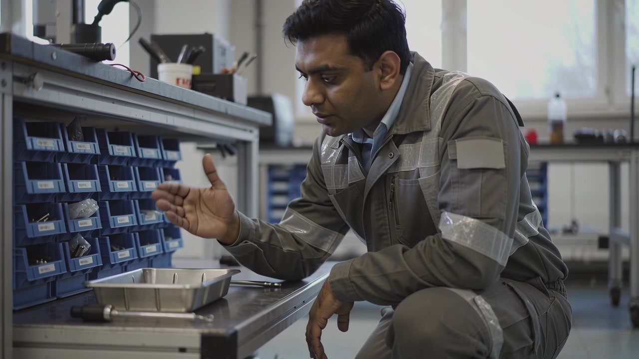 Reaching for parts tech in grey suit reflective checking bins, sorting tray at bench