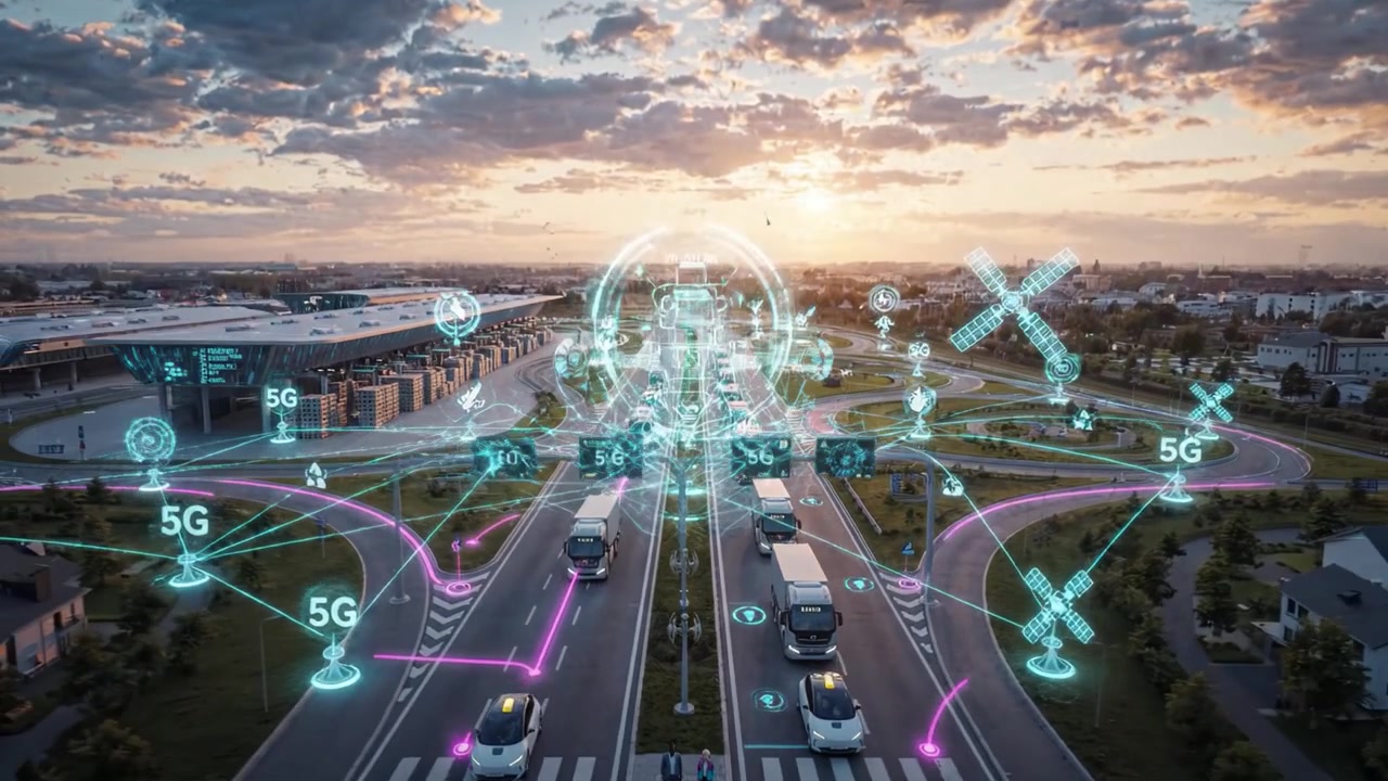 Un polo di trasporto avanzato con veicoli intelligenti e connettività 5G in uno scenario al tramonto, che mostra l'innovazione nella mobilità urbana e nella tecnologia.