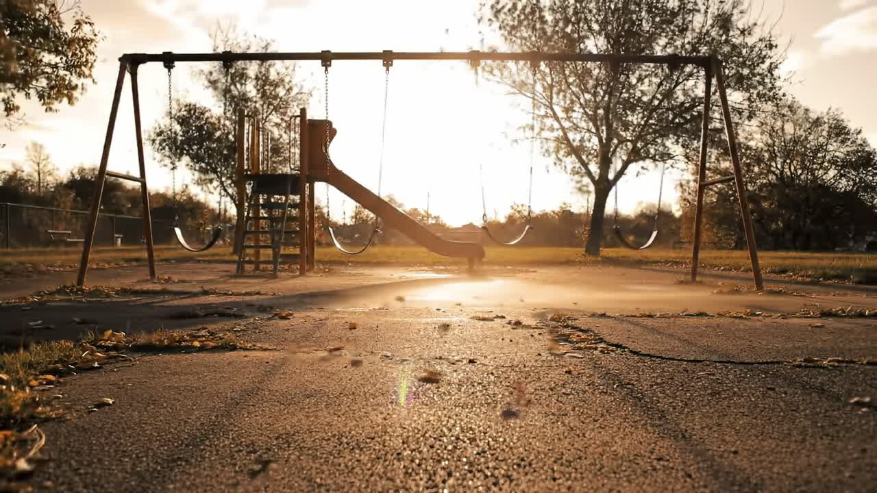 A Serene Playground at Sunset: Capturing the Beauty and Tranquility of a Kids' Play Area with Swings and a Slide Surrounded by Nature
