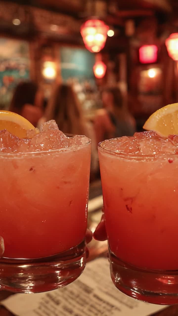 Refreshing Tropical Cocktails Served in Stylish Glasses with Ice and Citrus Garnish in a Lively Bar Atmosphere, Evoking a Fun Social Experience with Friends