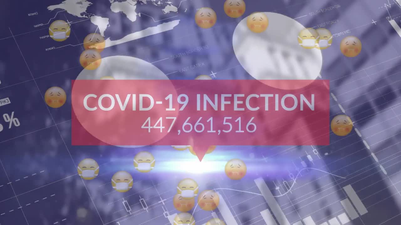 Covid-19 infection text with increasing cases and face emojis against statistical data processing