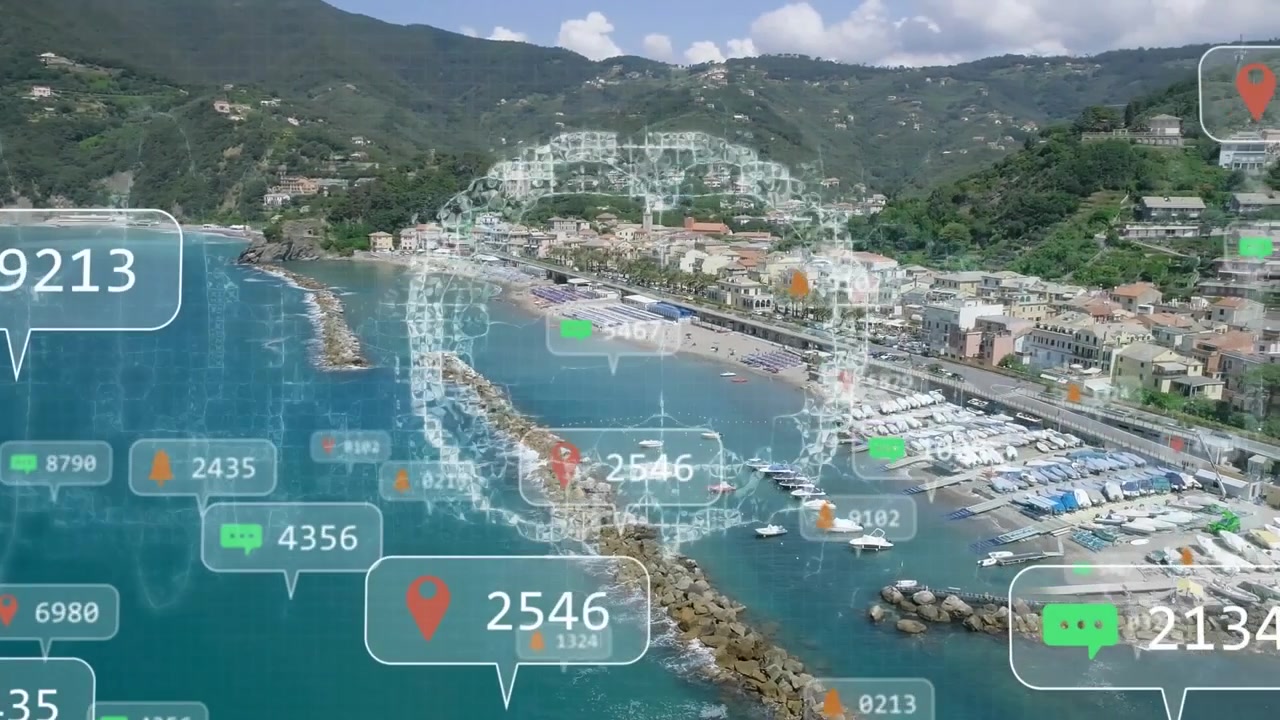 Animation of media icons over cityscape