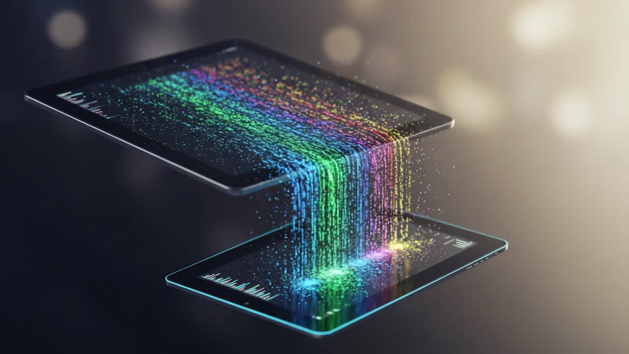 Vibrant Digital Flow: A Captivating Visual Display of Energy Transmitted Between Tablets Through a Spectrum of Colorful Particles and Data Streams