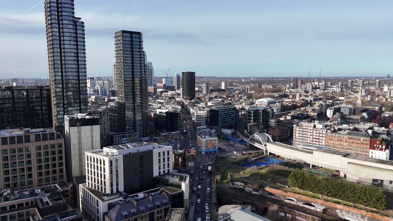East London Bethnal Green new high rise apartments Panning drone aerial