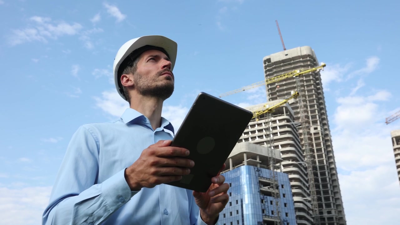 Ingeniero profesional usando tableta digital en obra