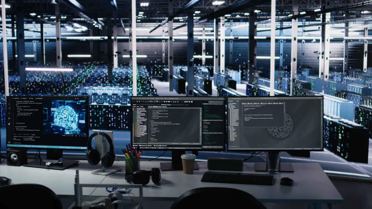 Data Center Pc Screens Monitoring Hardware Used In Ai Llm Model Development