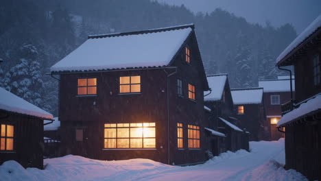 snowy village at night