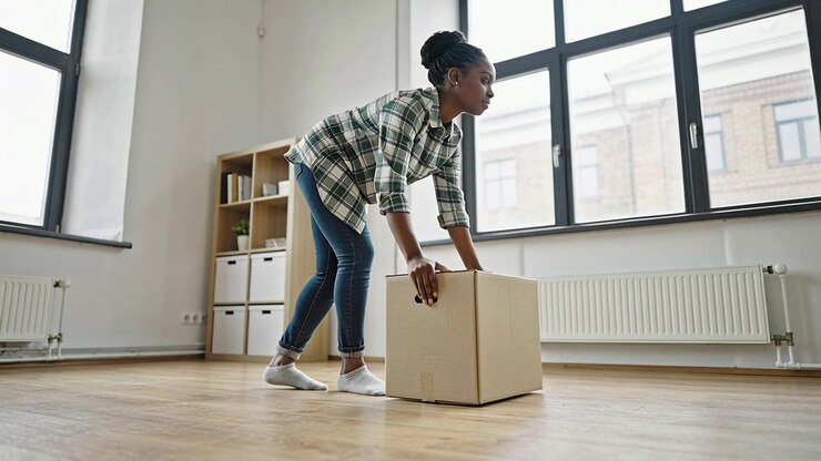 Lifting woman in plaid shirt and jeans carrying cardboard box across apartment, organizing shelving
