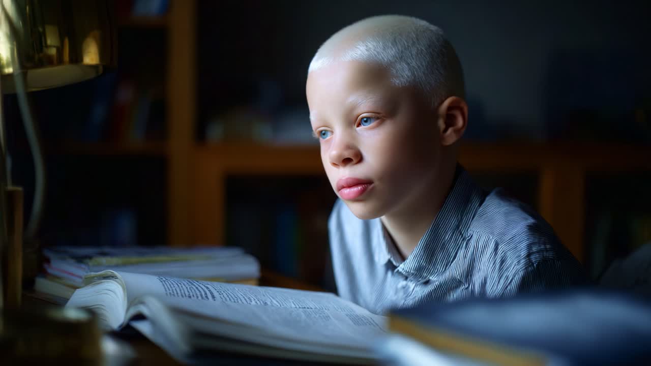 Un bambino riflessivo immerso nella lettura di un libro, che dimostra concentrazione e curiosità in un ambiente interno sereno illuminato da una luce calda
