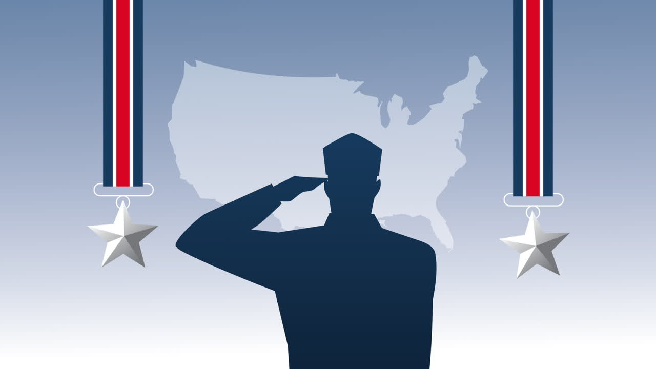 우리와 함께 인사하는 군인 지도와 메달