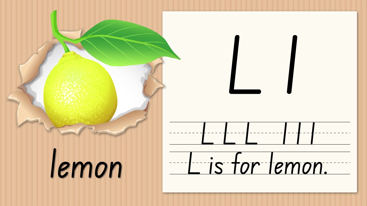 Animazione educativa che mostra come si scrive la lettera L accanto a un limone su uno sfondo di cartone