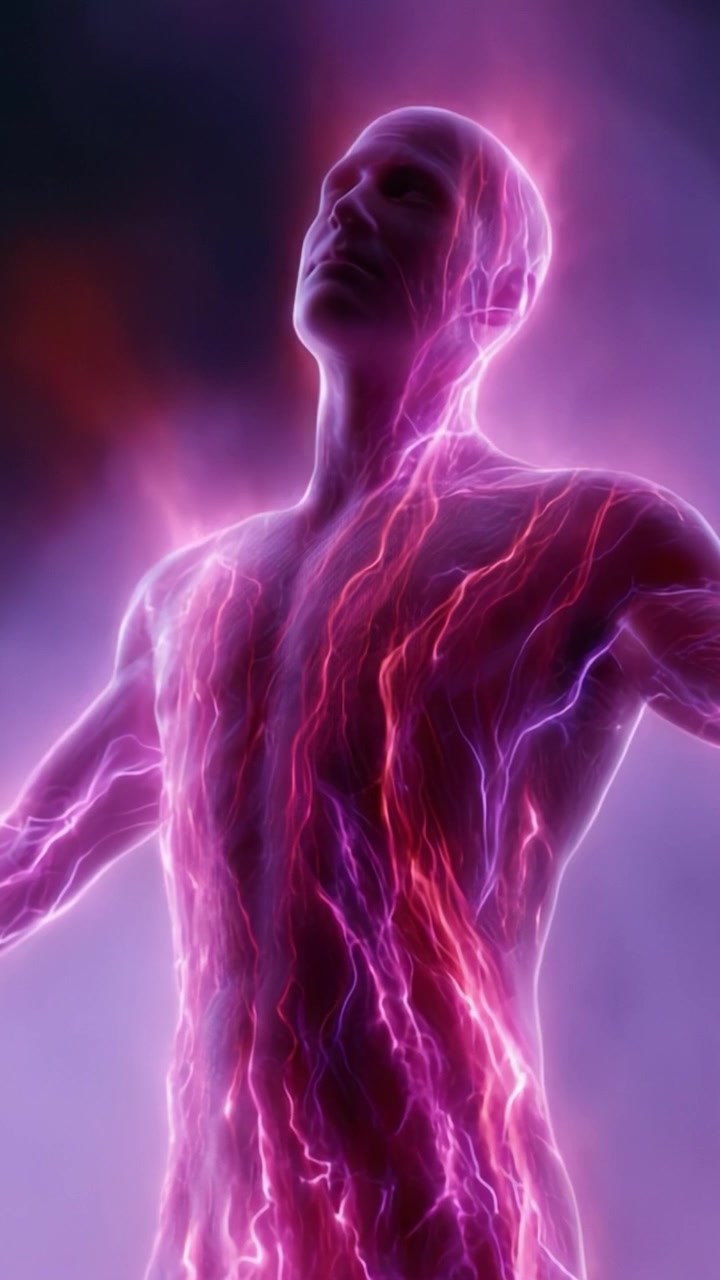 The Artistic Representation of a Human Figure Surrounded by Electric Energy, Radiating Vibrant Colors and Dynamic Neurons, Symbolizing Life and Vitality