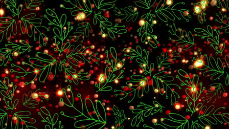 animation of green leaves pattern design over red light sparks floating against black background