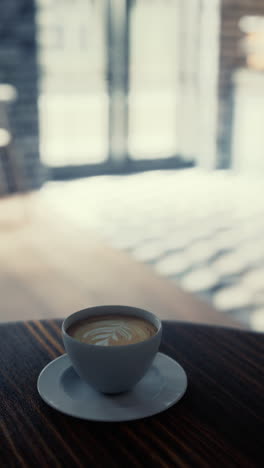 a cup of coffee with latte art on a wooden table in a cafe