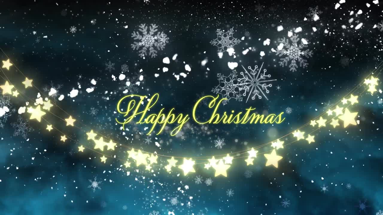 눈이 내리고 별들이 떨어지는 해피 크리스마스 텍스트의 애니메이션