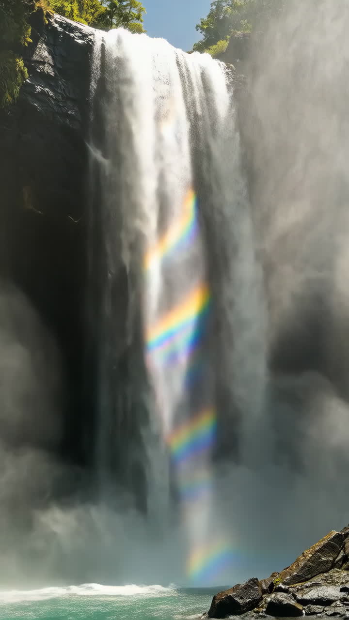 Vibrant Rainbow Appears in the Mist of a Powerful Waterfall