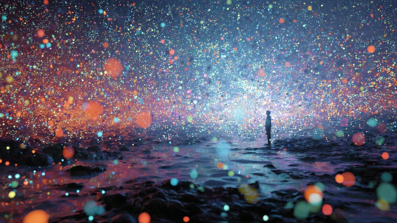 Lone figure standing in a surreal landscape filled with countless colorful glowing orbs, creating a magical and mysterious atmosphere of wonder, discovery, and cosmic exploration
