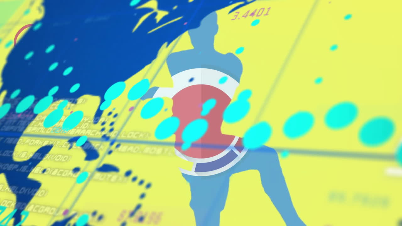 Dancing silhouette over abstract blue and yellow digital animation background