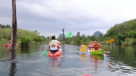 los kayakistas exploran aguas claras en un entorno exuberante