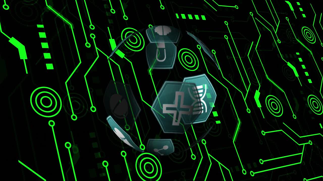 animación de una placa de circuitos de computadora verde con íconos digitales médicos