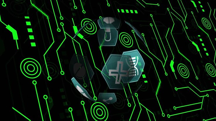 Animazione di circuito stampato di computer verde con icone digitali mediche