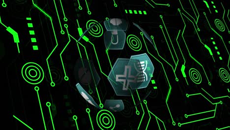 animazione di scheda di circuito di computer verde con icone digitali mediche