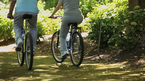 Senior-man-and-woman-biking-together