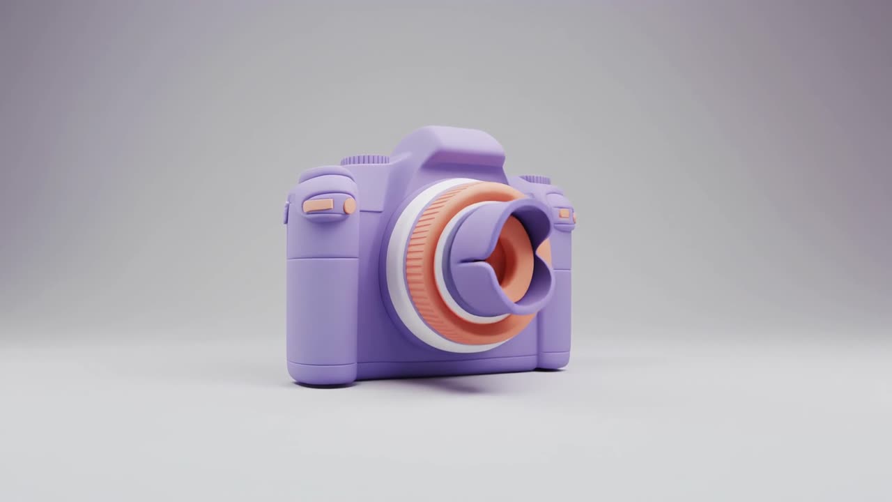 Fotocamera DSLR animata con obiettivo rotante e apertura del diaframma