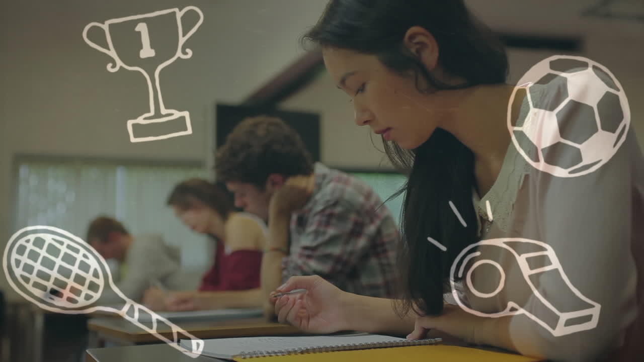 animación de los iconos de los artículos escolares sobre los estudiantes en el aula