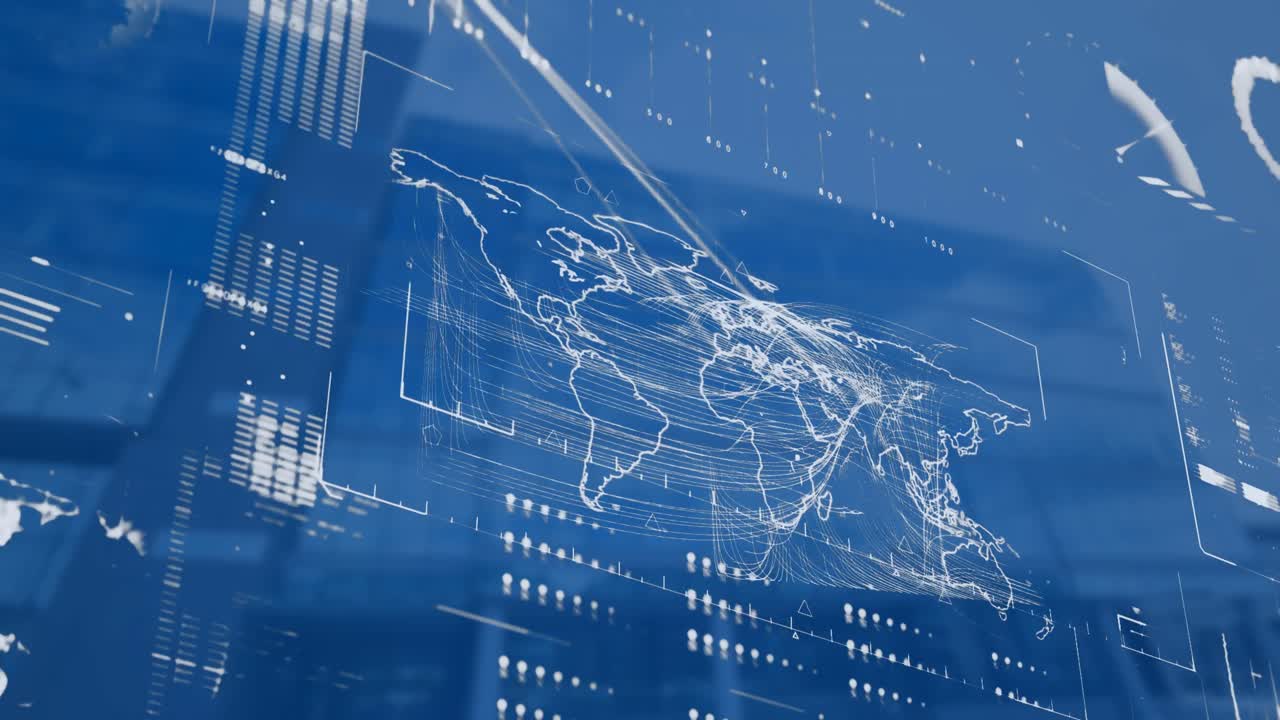 높은 건물의 낮은 각도 뷰에 대한 세계 지도에 대한 데이터 처리 인터페이스의 애니메이션