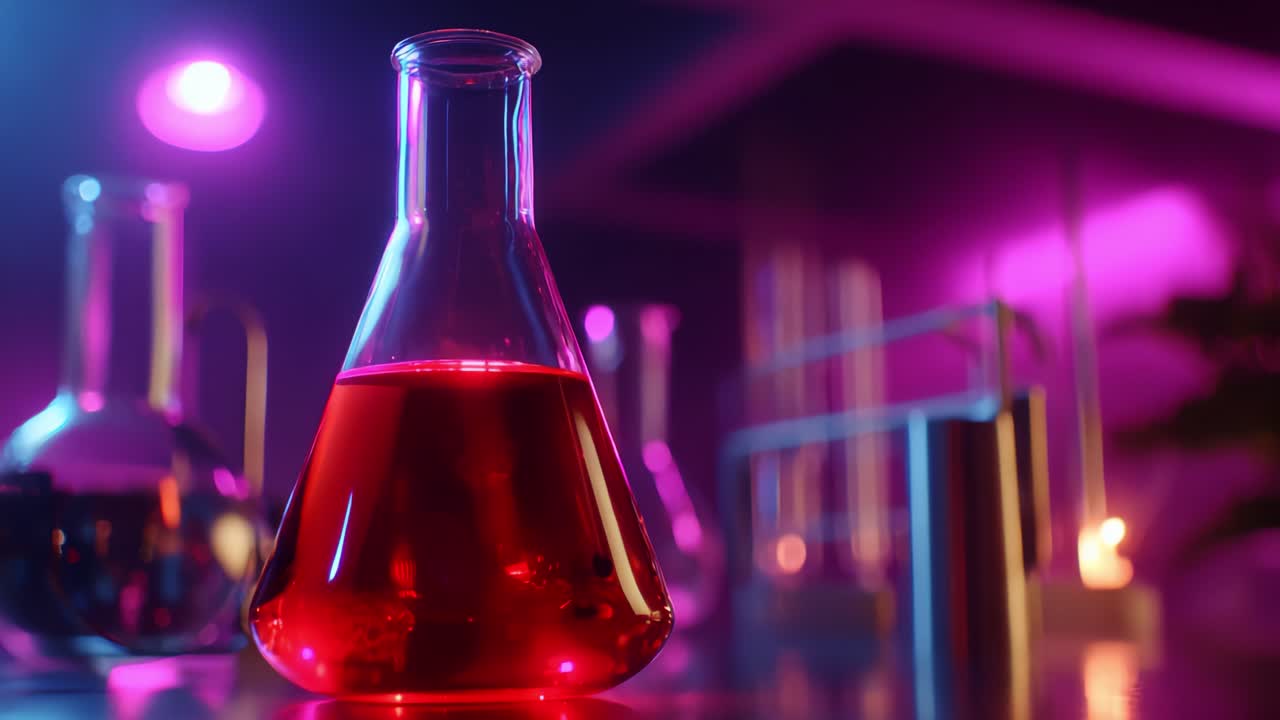 A Vibrant Laboratory Scene Featuring a Colorful Red Liquid in a Flask Under Neon Lights, Capturing the Essence of Scientific Experimentation and Creativity in a Modern Setting