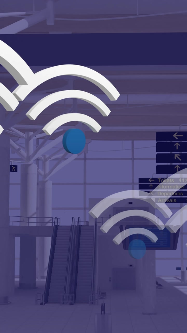 Animation of wifi digital icons floating over airport