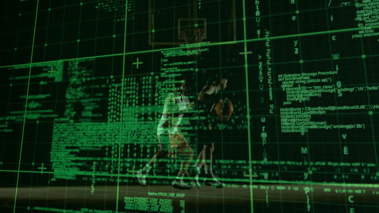 Two male sportsmen dribbling right, handler evading guard for layup, green grid obscuring limbs