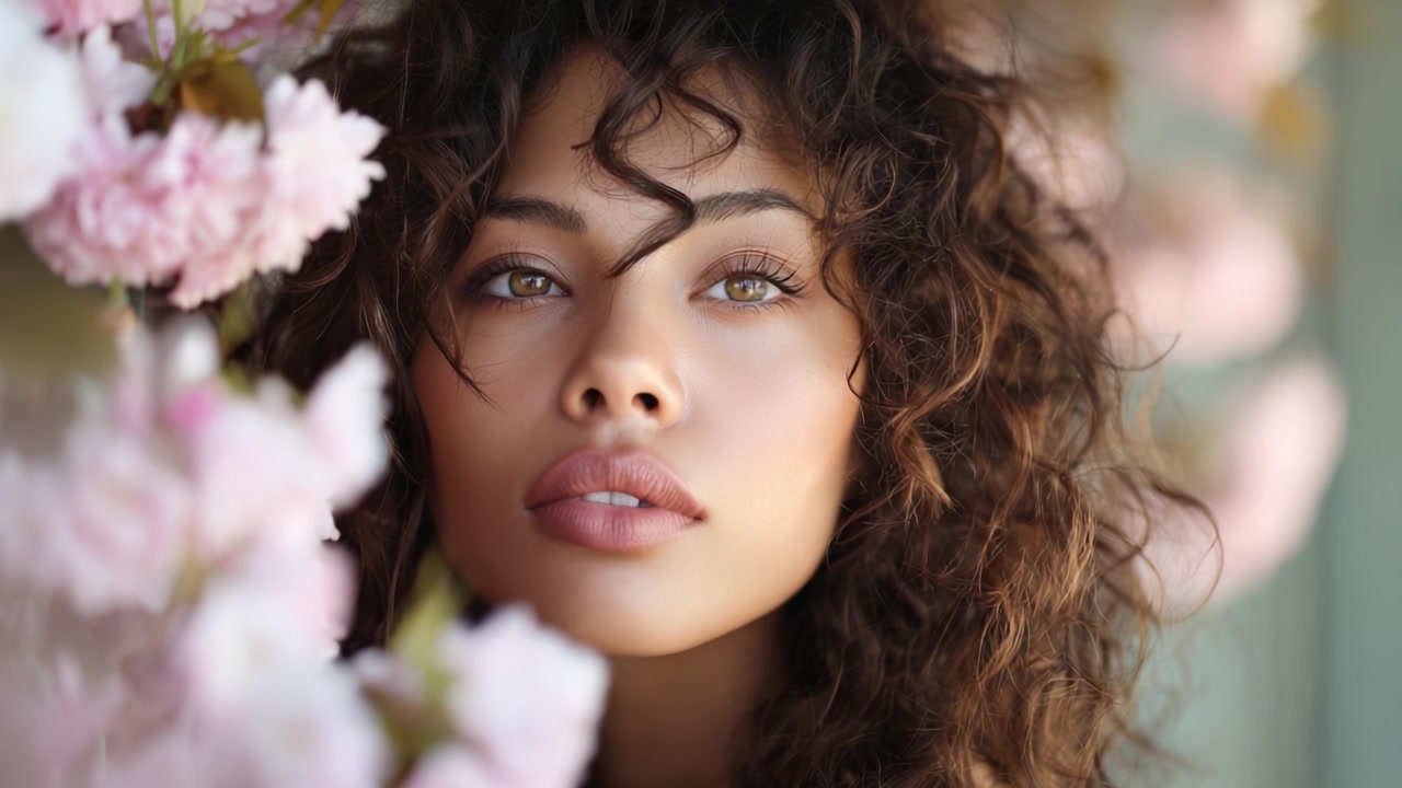 Un momento tranquillo: donna in un ambiente floreale rosa tenue, che cattura la bellezza naturale e la serena tranquillità in un ritratto ravvicinato.
