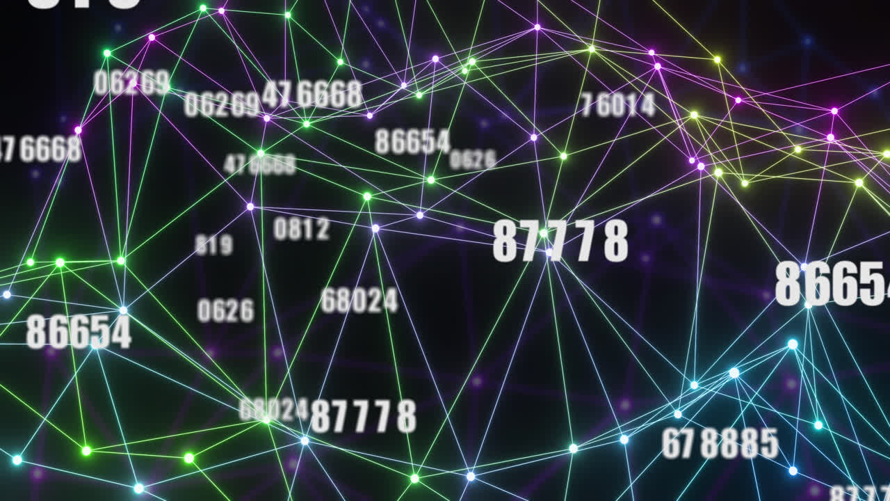 Animation of network of connections and data processing over dark background
