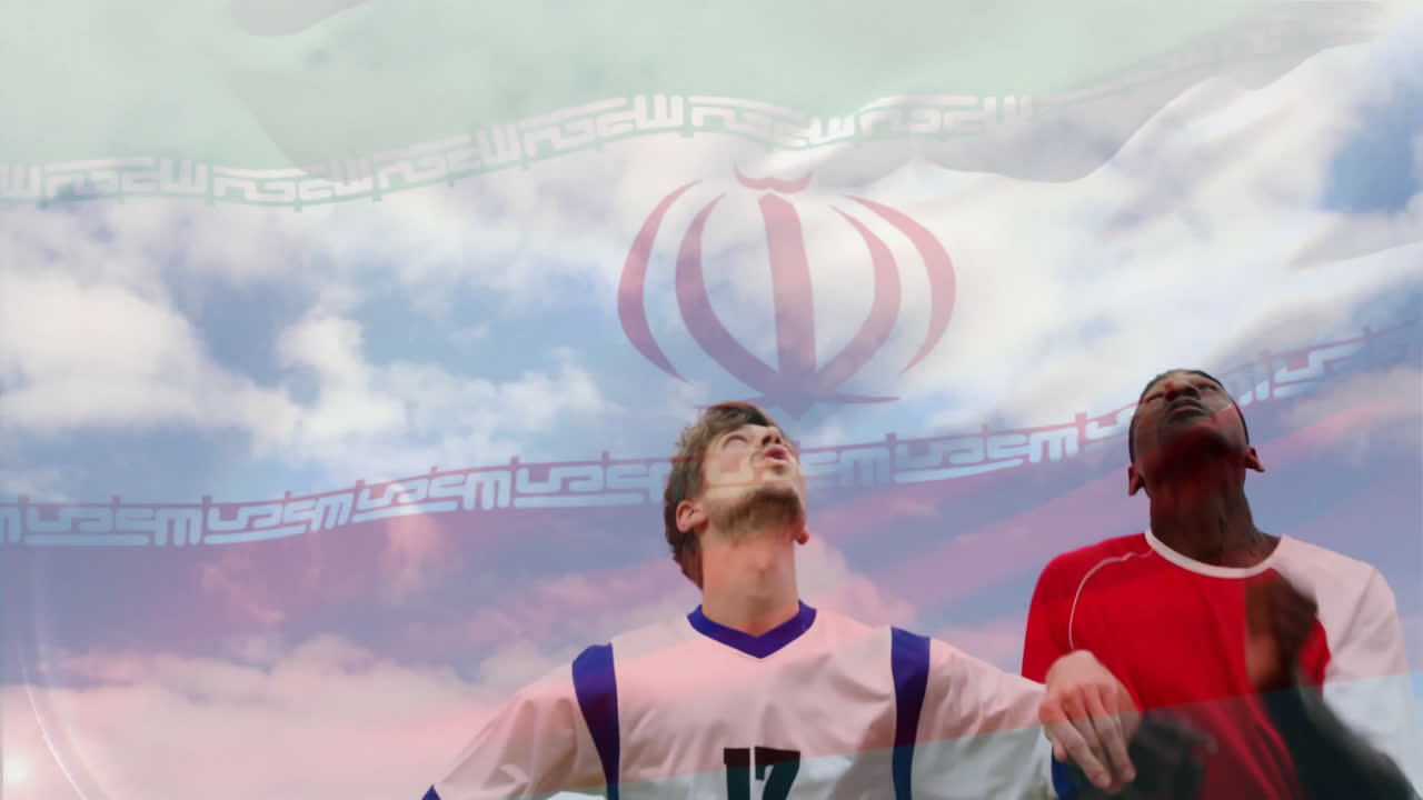 Two soccer players with Iranian flag and emblem animation looking up