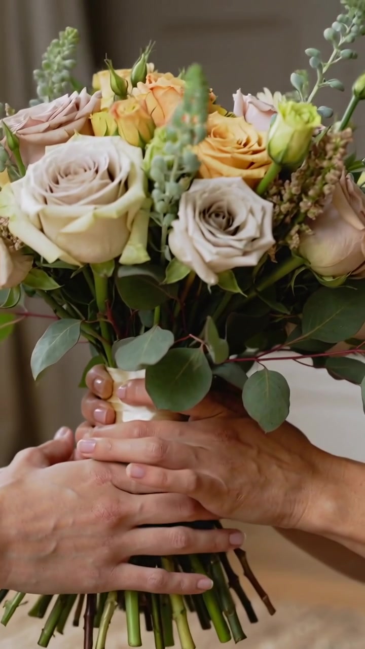 Video verticale: Mani di chi dà e di chi riceve che prendono un bouquet di rose pallide e verde a casa.