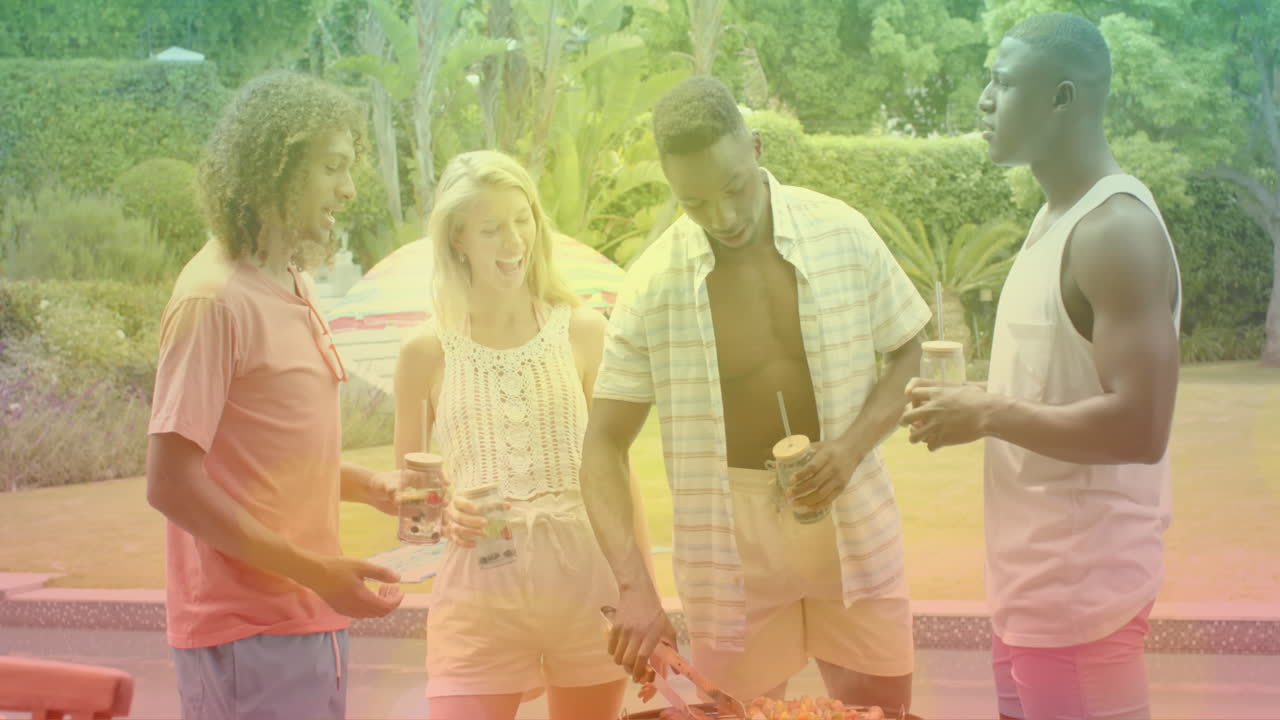 Enjoying barbecue, friends at outdoor gathering with rainbow gradient animation