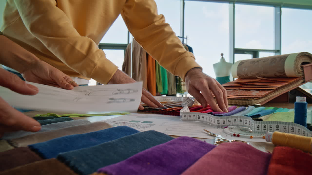 Primo piano di mani che toccano campioni di tessuto in un'agenzia di moda. Due designer al lavoro