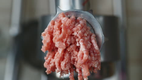 ground beef is squeezed out of a meat grinder