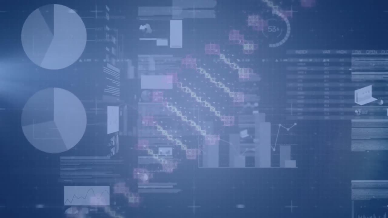 animación de la cadena de adn, estadísticas y procesamiento de datos en pantalla