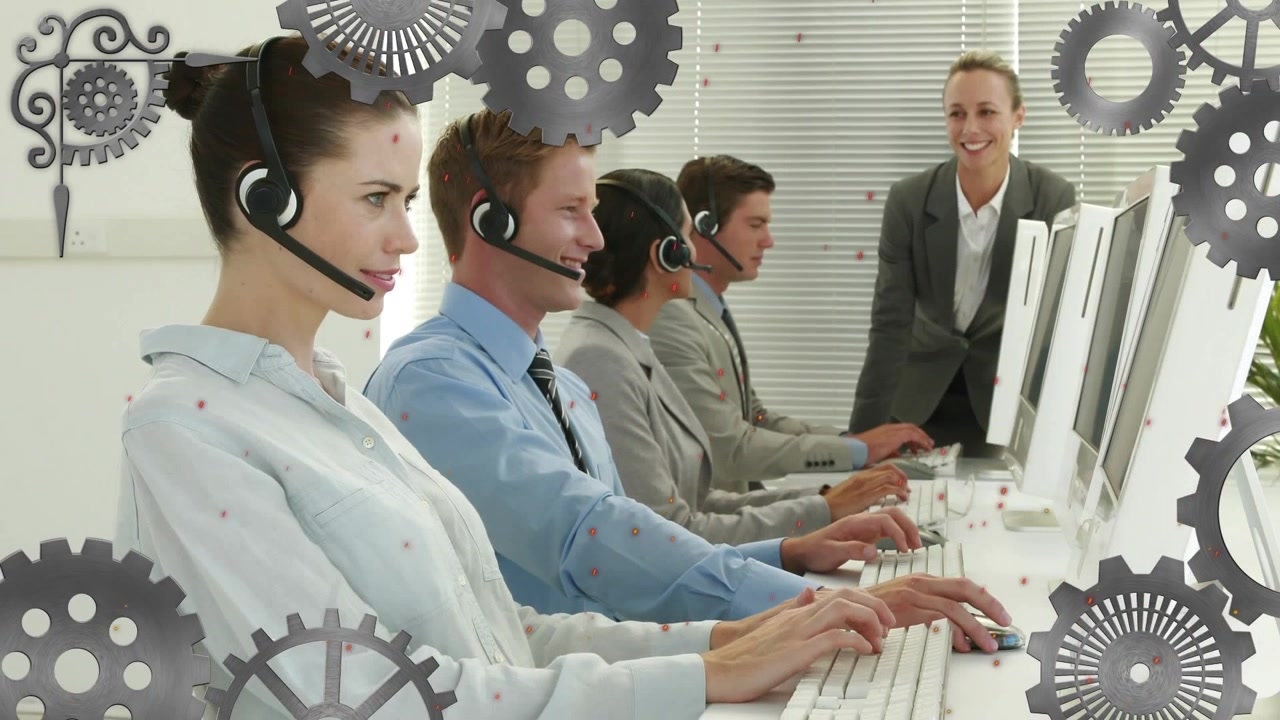 Animation of mechanical gears, caucasian agents talking with female manager and working on computer
