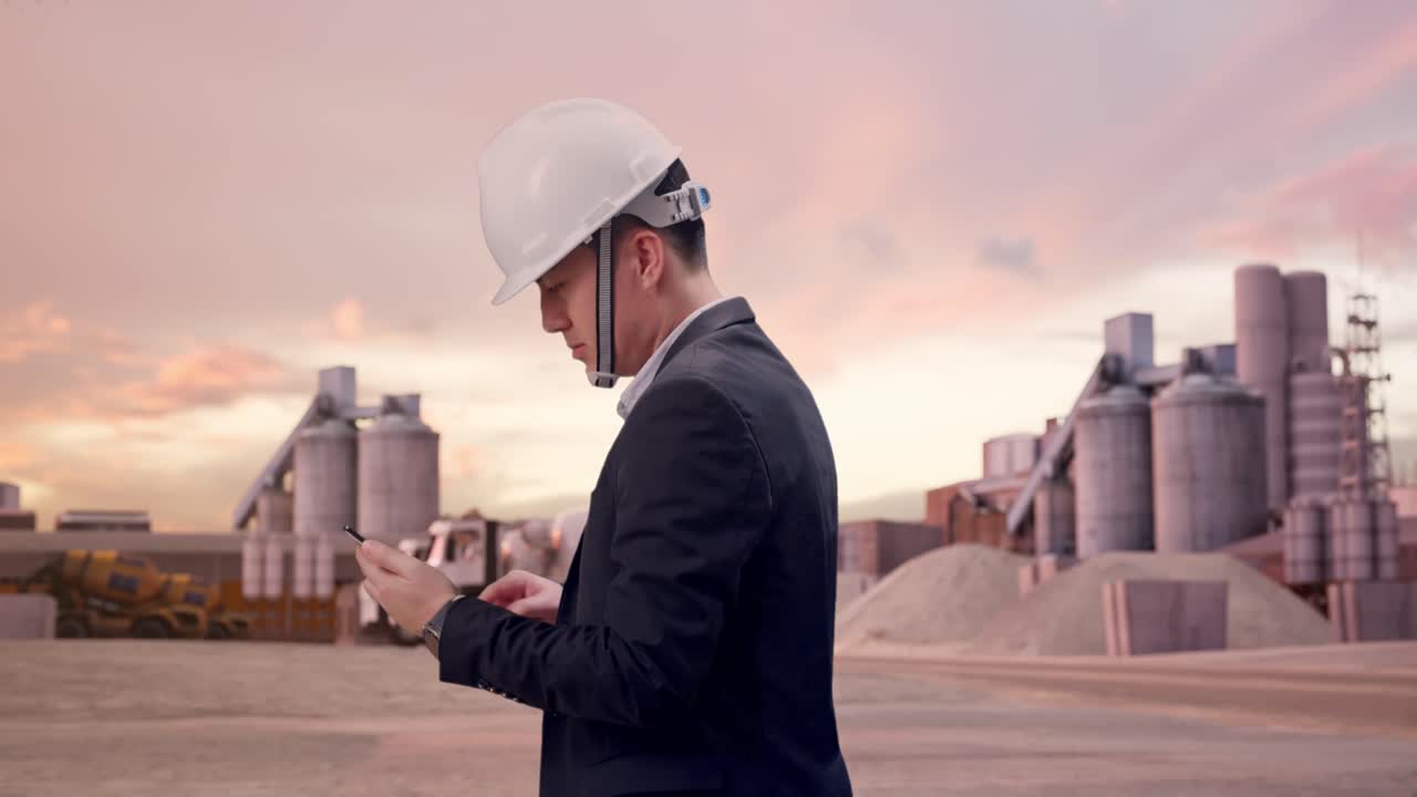 Vista lateral de empresario asiático usando su smartphone mientras camina en una planta de cemento industrial al atardecer.