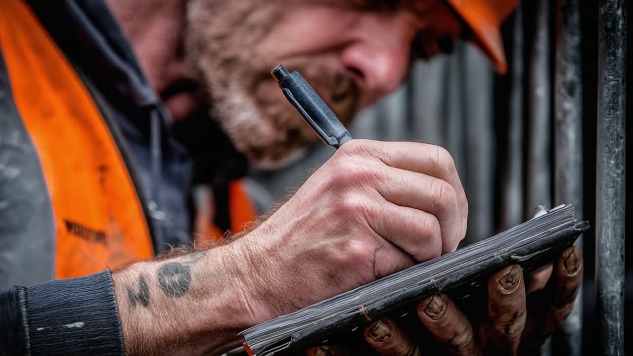 A Construction Worker Diligently Recording Notes with a Pen on a Notebook, Showcasing Attention to Detail and Commitment to Safety